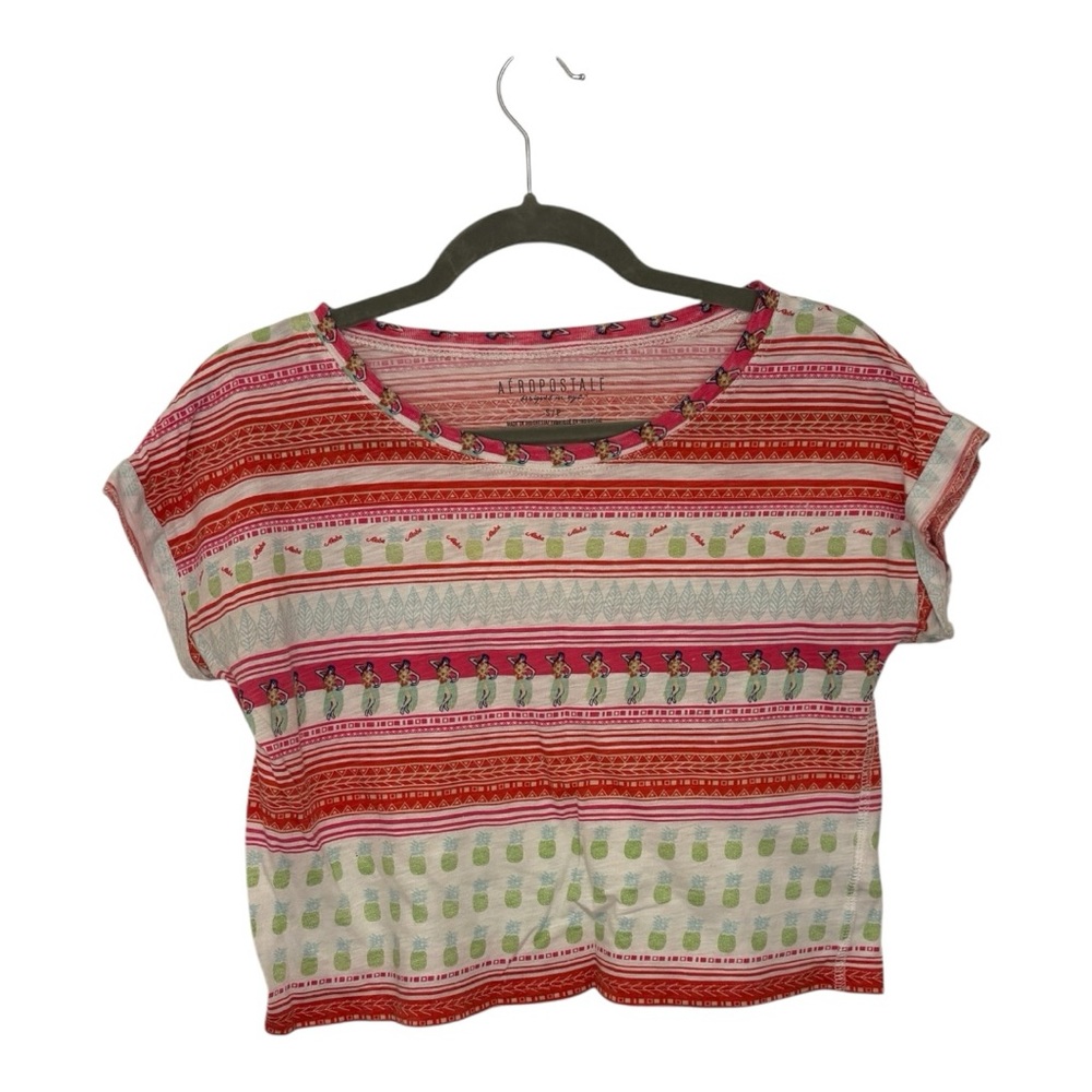 Aeropostale Red Striped Crop Top Boxy Fit Hula Girl Graphic Tee Retro Small